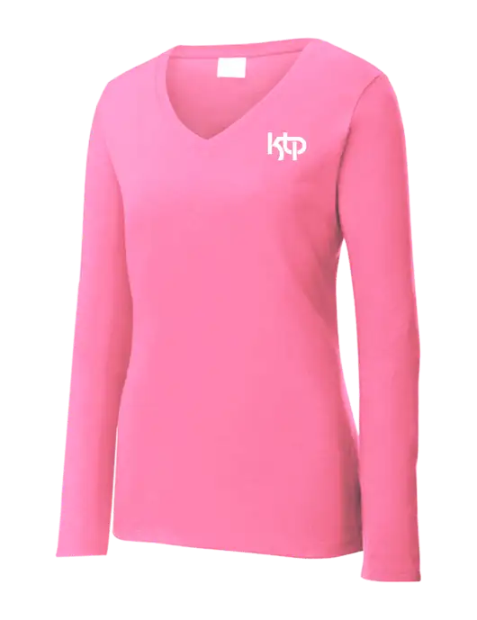 Womens  V-Neck Ring Spun Pink 4.5 oz Long Sleeve T-Shirt w/KTP Logo