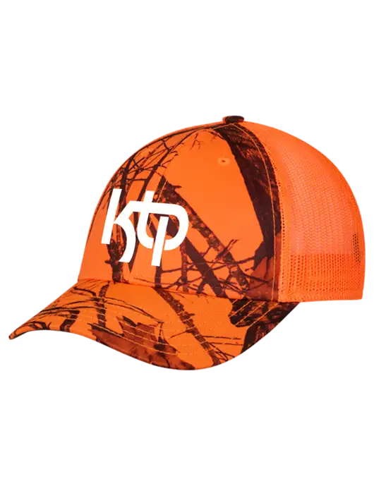 Blaze/Neon Orange Mossy Oak Camo Mesh Trucker Cap Snap Back w/KTP Logo