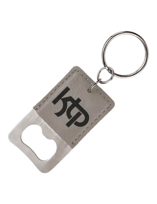 Grey Leatherette Rectangle Bottle Opener Keychain w/KTP Logo