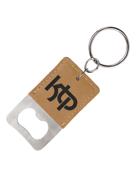 Tan Leatherette Rectangle Bottle Opener Keychain w/KTP Logo