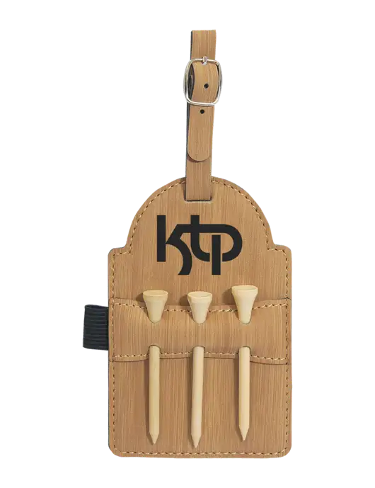 Bamboo Leatherette Golf Bag Tag with 3 Wooden Tees w/KTP Logo