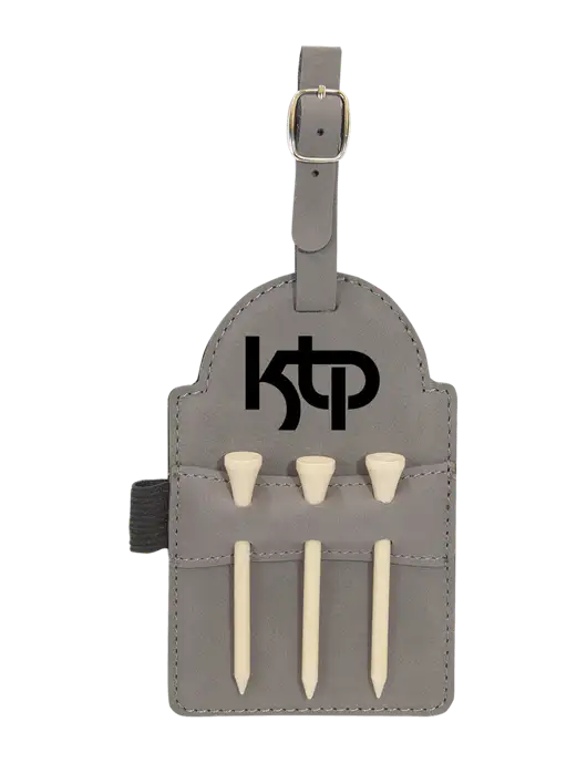 Grey Leatherette Golf Bag Tag with 3 Wooden Tees w/KTP Logo